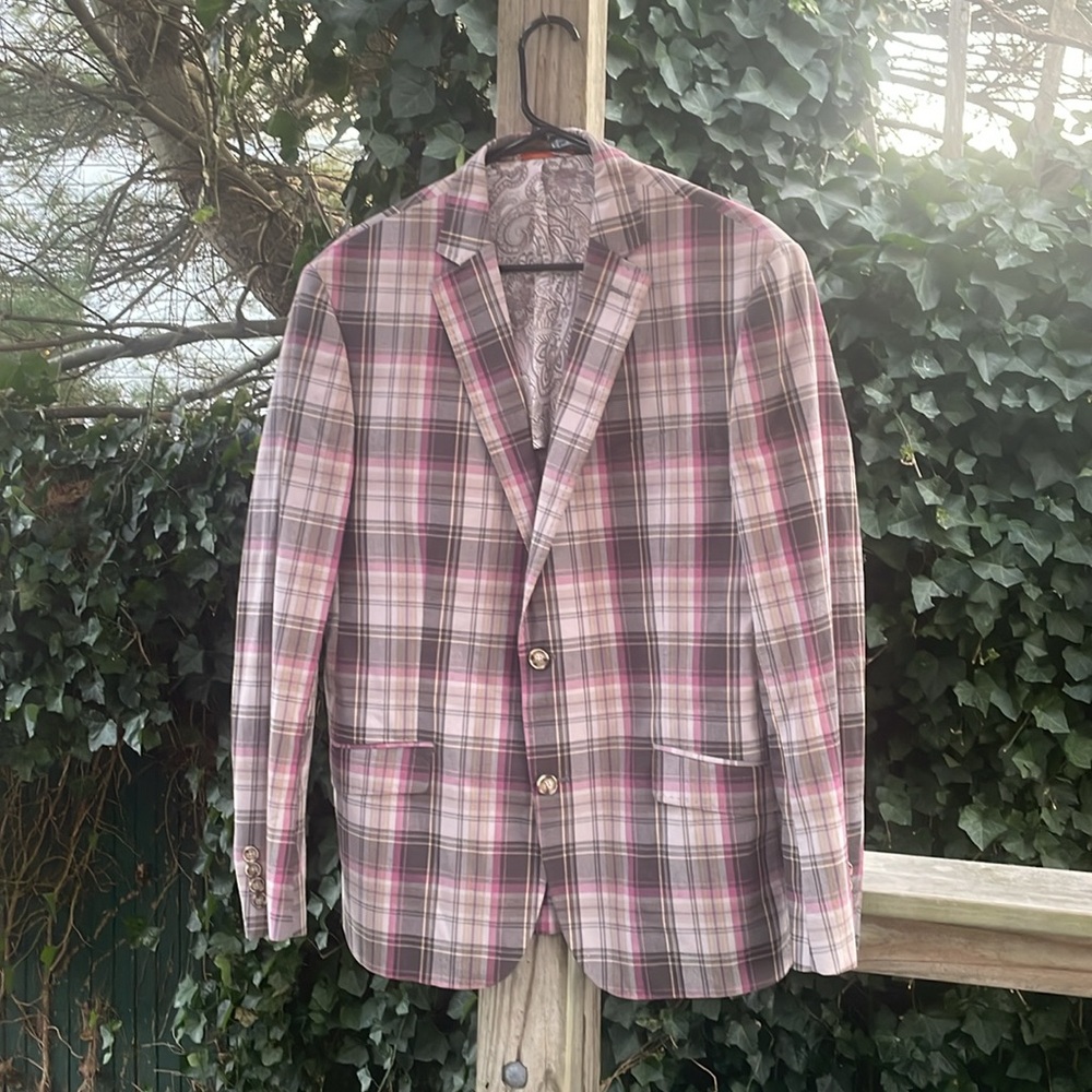 42 TALLIA Mens Cotton Plaid Pink Beige Gray Sport Coat Jacket Blazer Summer NICE